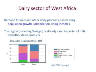 Dairy sector of West Africa

Demand for milk and other dairy products is increasing:
  population growth, urbanisation, ri...