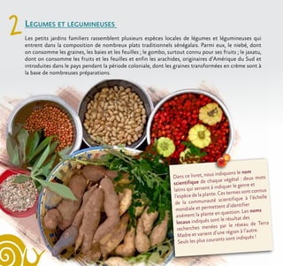 Légumes et légumineuses
Les petits jardins familiers rassemblent plusieurs espèces locales de légumes et légumineuses qui
entrent dans la composition de nombreux plats traditionnels sénégalais. Parmi eux, le niebé, dont
on consomme les graines, les baies et les feuilles ; le gombo, surtout connu pour ses fruits ; le jaxatu,
dont on consomme les fruits et les feuilles et enfin les arachides, originaires d’Amérique du Sud et
introduites dans le pays pendant la période coloniale, dont les graines transformées en crème sont à
la base de nombreuses préparations.
2
Dans ce livret, nous indiquons le nom
scientifique de chaque végétal : deux mots
latins qui servent à indiquer le genre et
l’espèce de la plante. Ces termes sont connus
de la communauté scientifique à l’échelle
mondiale et permettent d’identifier
aisément la plante en question. Les noms
locaux indiqués sont le résultat des
recherches menées par le réseau de Terra
Madre et varient d’une région à l’autre.
Seuls les plus courants sont indiqués !
 