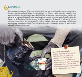 6Les tisanes
Les tisanes accompagnent différents moments de la journée : traditionnellement, on savoure une
boisson chaude et parfumée à base d’herbes, de fleurs ou d’épices à la fin des repas, mais elles sont
aussi importantes au moment du réveil. Le kinkeliba, par exemple, est une excellente manière de
démarrer la journée alors que le café touba sera tout indiqué pour une pause. Dans la région de
Saloum et de Tambacoumba, les femmes torréfient les graines de baobab et utilisent la poudre
obtenue pour préparer une tisane (appelée café de baobab) très savoureuse et particulièrement
appréciée par la population locale. Pour aromatiser les tisanes, on y ajoute souvent de la citronnelle
ou des feuilles de gounegoune.
Imagetiréed’unephotode©PaolaViesi
Les variétés traditionnelles
de fruits et légumes se sont adaptées,
au fil des siècles, au climat et au
territoire. Ainsi, elles sont plus
résistantes et ne nécessitent aucun
produit chimique (engrais ou pesticide)
pour survivre. Elles reviennent donc
moins cher tout en agissant positivement
sur la santé et sur l’environnement.
 