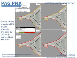 Aider les PMA à faire avancer
leurs Plans nationauxd’adaptation
Atelier régionalde formation en Afrique (francophone)
[INSERER LE DRAPEAU DE VOTRE PAYS]
Session 3: Elément B: Eléments de la phase préparatoire
Expériences de [votre pays]
Erosion côtière:
projection 2030
et 2080
(exemple
presqu’île du
Cap Vert) :
source : étude
BM, 2012
 