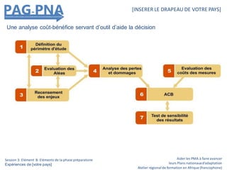 Aider les PMA à faire avancer
leurs Plans nationauxd’adaptation
Atelier régionalde formation en Afrique (francophone)
[INSERER LE DRAPEAU DE VOTRE PAYS]
Session 3: Elément B: Eléments de la phase préparatoire
Expériences de [votre pays]
Une analyse coût-bénéfice servant d’outil d’aide la décision
 