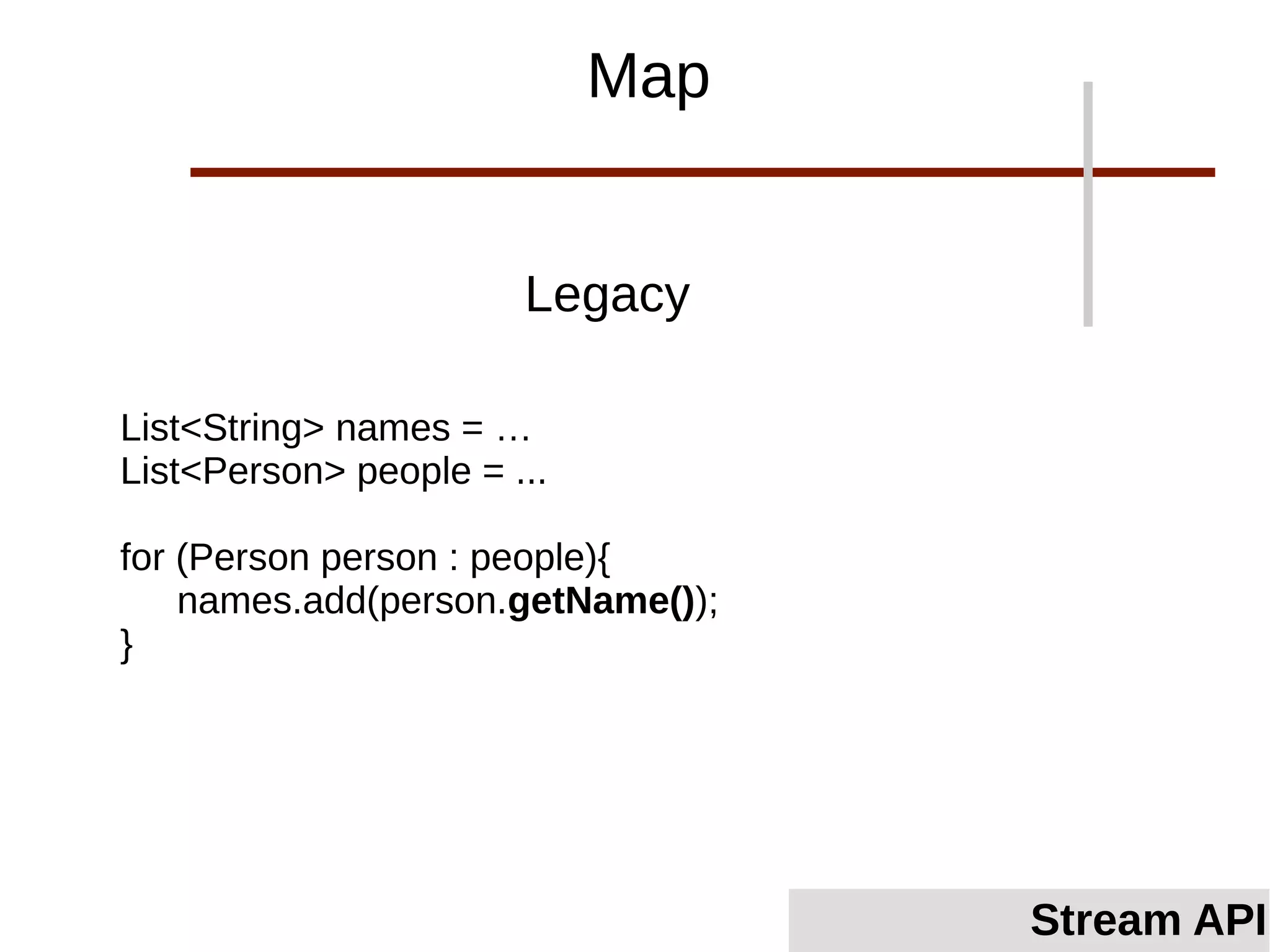 Legacy
List<String> names = …
List<Person> people = ...
for (Person person : people){
names.add(person.getName());
}
Map
Stream API
 