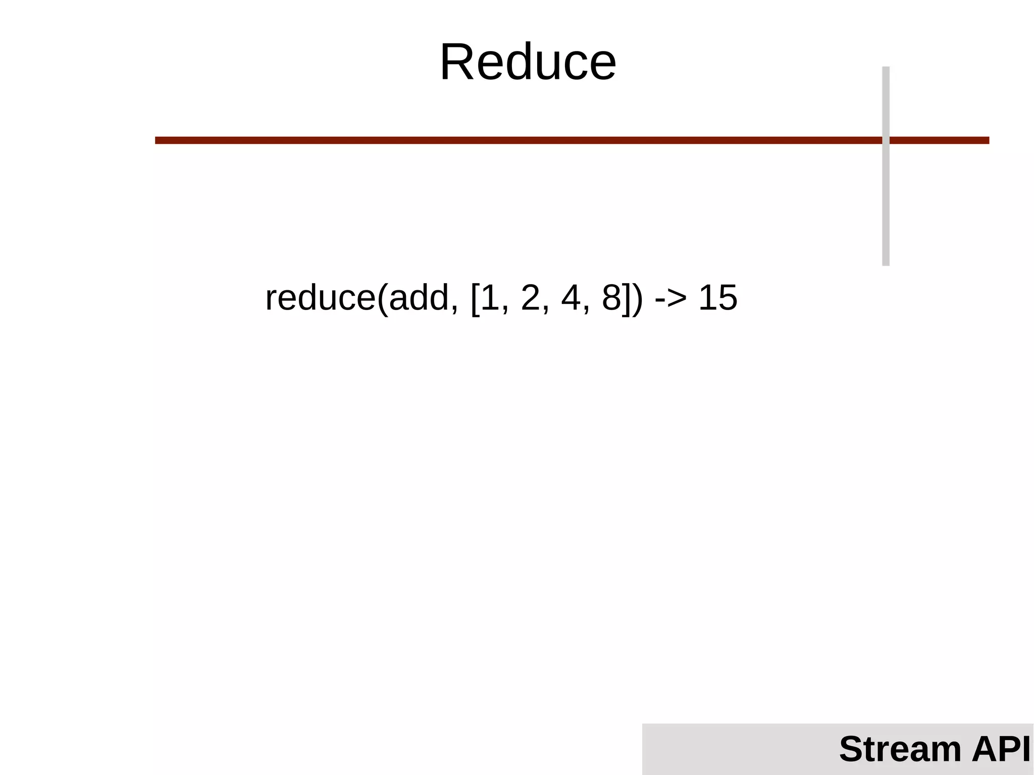 reduce(add, [1, 2, 4, 8]) -> 15
Reduce
Stream API
 