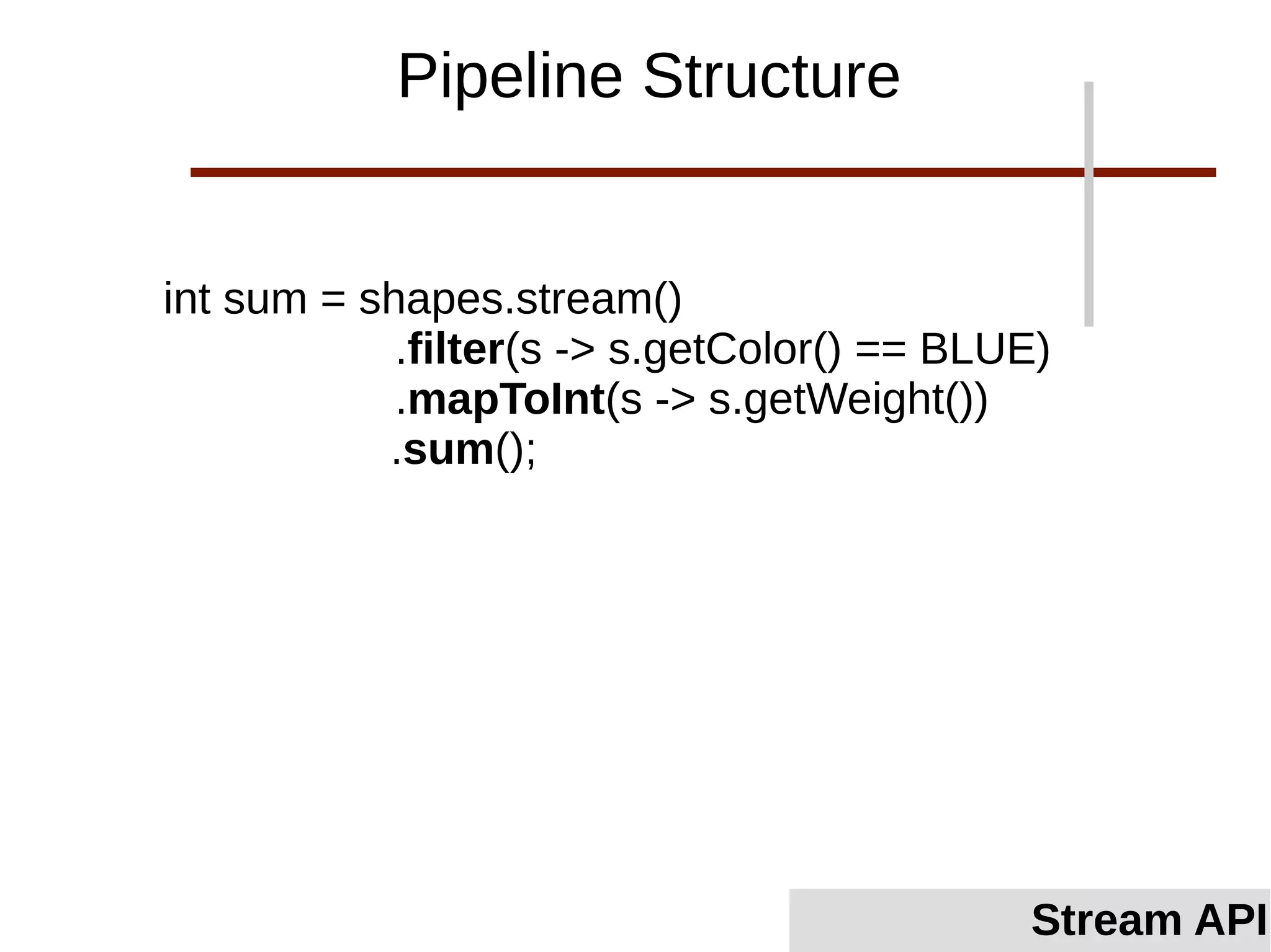 int sum = shapes.stream()
.filter(s -> s.getColor() == BLUE)
.mapToInt(s -> s.getWeight())
.sum();
Stream API
Pipeline Structure
 