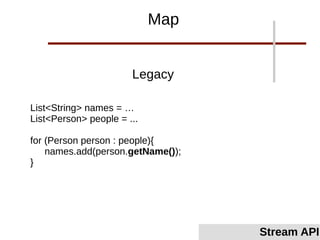 Legacy
List<String> names = …
List<Person> people = ...
for (Person person : people){
names.add(person.getName());
}
Map
Stream API
 