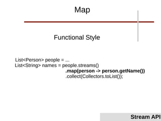 List<Person> people = ...
List<String> names = people.streams()
.map(person -> person.getName())
.collect(Collectors.toList());
Functional Style
Map
Stream API
 