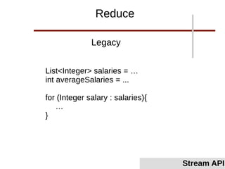 List<Integer> salaries = …
int averageSalaries = ...
for (Integer salary : salaries){
…
}
Legacy
Stream API
Reduce
 