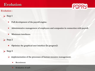Evolution Evolution : Step 1 Full development of the payroll engine .  Administrative management of employees and companies in connection with payroll .   Minimum interfaces . Step 2 Optimize the graphical user interface  ( in progress ). Step 3 I mplementation of the processes of human resource management . Recruitment . Evaluation of staff   . Career Management . 