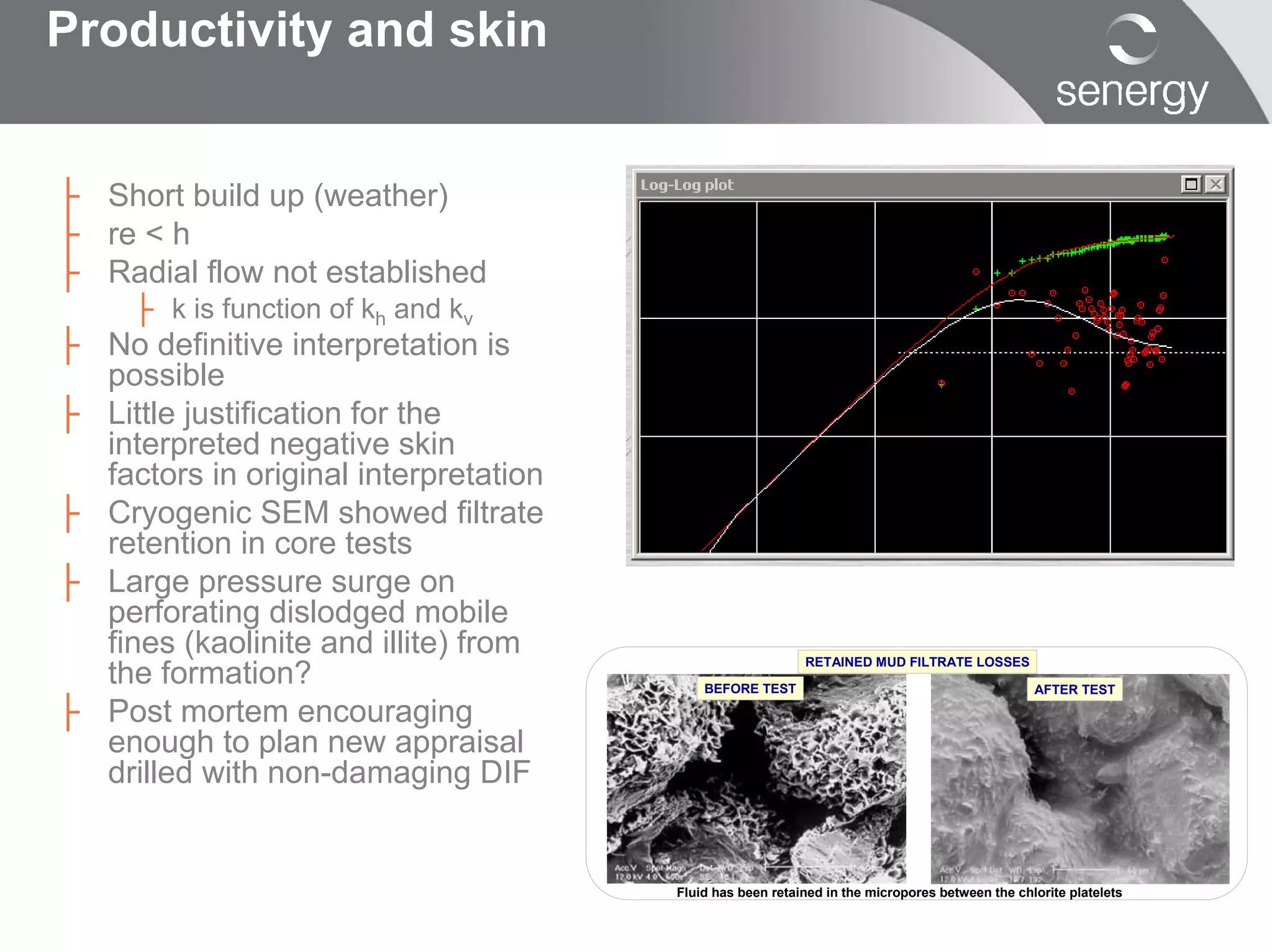 Productivity and skin


├ Short build up (weather)
├ re < h
├ Radial flow not established
     ├ k is function of kh and kv
├ No definitive interpretation is
  possible
├ Little justification for the
  interpreted negative skin
  factors in original interpretation
├ Cryogenic SEM showed filtrate
  retention in core tests
├ Large pressure surge on
  perforating dislodged mobile
  fines (kaolinite and illite) from                        RETAINED MUD FILTRATE LOSSES
  the formation?                           BEFORE TEST                                          AFTER TEST

├ Post mortem encouraging
  enough to plan new appraisal
  drilled with non-damaging DIF


                                       Fluid has been retained in the micropores between the chlorite platelets
 