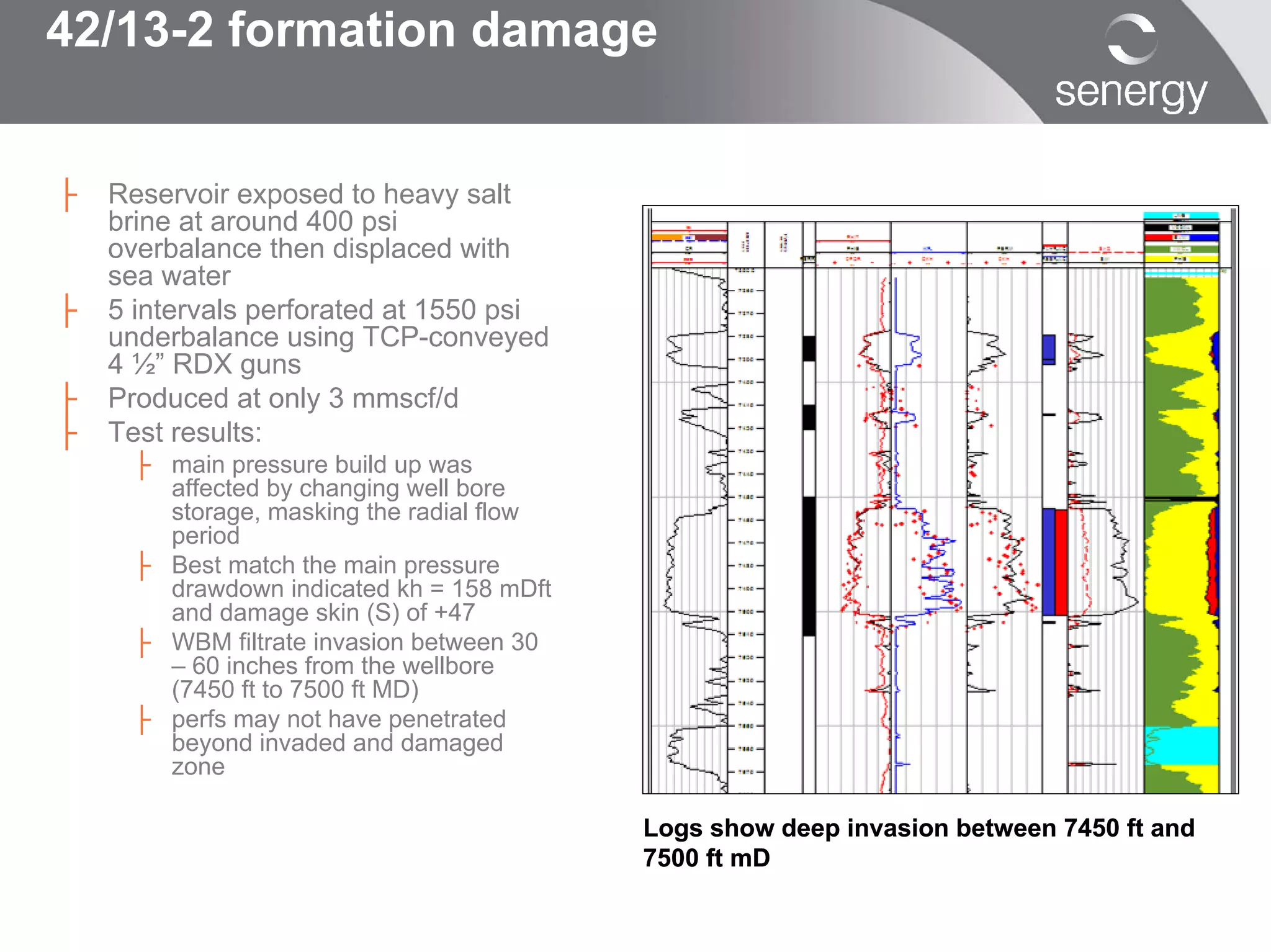42/13-2 formation damage


├   Reservoir exposed to heavy salt
    brine at around 400 psi
    overbalance then displaced with
    sea water
├   5 intervals perforated at 1550 psi
    underbalance using TCP-conveyed
    4 ½” RDX guns
├   Produced at only 3 mmscf/d
├   Test results:
     ├ main pressure build up was
       affected by changing well bore
       storage, masking the radial flow
       period
     ├ Best match the main pressure
       drawdown indicated kh = 158 mDft
       and damage skin (S) of +47
     ├ WBM filtrate invasion between 30
       – 60 inches from the wellbore
       (7450 ft to 7500 ft MD)
     ├ perfs may not have penetrated
       beyond invaded and damaged
       zone

                                          Logs show deep invasion between 7450 ft and
                                          7500 ft mD
 