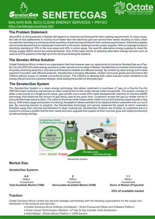 SenetecGas System
The Problem Statement
The Senetec Africa Solution
The SenetecGas System
About 80% of all households in Malawi still depend on charcoal and ﬁrewood for their cooking requirements. In urban areas,
the rate of new settlements is moving much faster than the electricity grid can service their needs resulting in many urban
households resorting to purchasing small quantities of solid and liquid fuels for their cooking requirements. Electricity supplies
cannot meet demand due to inadequate investment in the sector, leading to erratic power supplies. With an average access to
electricity standing at 10% in the rural areas and 40% in urban areas, the need for alternative energy supplies to meet the
energy supply deﬁcit cannot be overemphasized. One of the major barrier to adopting alternative energy sources such as
solar and LPG systems is the high up-front cost of purchasing the systems.
Octate Solutions Africa Limited is an organisation that has however seen an opportunity to introduce SenetecGas as a Pay-
As-You-Go (PAYGO) clean energy service to under-served communities in Malawi. SenetecGas is a smarter and simpler way
of quickly switching away from charcoal and ﬁrewood to reliable and eﬃcient energy. By combining clean energy and mobile
payment innovation with eﬃcient products, SenetecGas is bringing aﬀordable, modern consumer goods and services to the
millions without access to reliable conventional power. The initiative is allowing both urban and peri-urban residents to be
energy eﬃcient and live a greener lifestyle, while easing the burden on the power grid.
The SenetecGas System is a clean energy technology that allows customers to purchase LP gas on a Pay-As-You-Go
(PAYGO) basis removing cost barriers to clean cooking fuel for the under-served urban households. The system consists of
either a two-burner or a single burner stove, gas cylinder and a smart LPG meter equipped with machine-to-machine (M2M)
technology that measures the amount of gas being used at any given time. Customers access the gas by mobile money in
amounts that make sense to them. The valve on the smart meter closes when credit runs out and instantly reopening with a new
top up. With smart usage and location monitoring, the platform allows cylinders to be replaced before customers ever run out of
gas. By removing barriers to adoption, the SenetecGas technology and service hastened the speed at which customers
transition away from charcoal and ﬁrewood to clean cooking fuel. SenetecGas Systems are modular so customers are in a
position to choose a system that ﬁts their needs and even upgrade their system as their incomes grow with added productivity
as well as energy savings.
Traction
Octate Solutions Africa Limited has secured strategic partnerships with the following organizations for the supply and
distribution of the products and services:-
Octate Solutions Africa Holdings (Zimbabwe) - Smart Prepayment Meter and Software Platform
·
Green Impact Technologies (Malawi) - LP Gas & Gas Cylinder Units Distribution
·
Airtel Malawi - Mobile Money Platform + GSM Service
·
Market Size
SenetecGas Systems
4.4 2 1.1
Million Million Million
Households Households Households
Total Available Market (TAM) Serviceable Available Market (SAM) Share of Market (Projected)
25% of available market
SENETECGAS
MALAWI| B2B, B2C| CLEAN ENERGY SERVICES + PAYGO
https://senetecgas.business.site/
Octate
Solutions Africa Limited
sustainable - innovation - technology
Changing Lives with Clean Energy
enetec
 