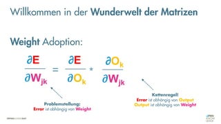 = *
∂E
∂Wjk
∂E
∂Ok ∂Wjk
∂Ok
Kettenregel!
Error ist abhängig von Output
Output ist abhängig von Weight
Problemstellung:
Error ist abhängig von Weight
Weight Adoption:
Willkommen in der Wunderwelt der Matrizen
 