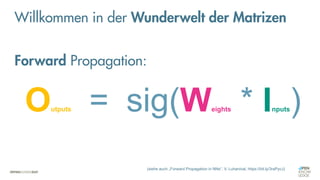 = sig(Weights * Inputs)
Willkommen in der Wunderwelt der Matrizen
(siehe auch „Forward Propagation in NNs“, V. Luhanival, https://bit.ly/3raPycJ)
Outputs
Forward Propagation:
 