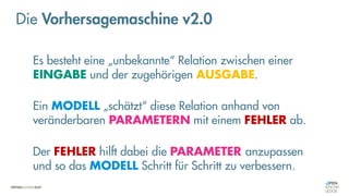 Es besteht eine „unbekannte“ Relation zwischen einer
EINGABE und der zugehörigen AUSGABE.
Ein MODELL „schätzt“ diese Relation anhand von
veränderbaren PARAMETERN mit einem FEHLER ab.
Der FEHLER hilft dabei die PARAMETER anzupassen
und so das MODELL Schritt für Schritt zu verbessern.
Die Vorhersagemaschine v2.0
 