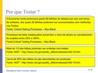 PorqueTestar ?A Economia norte-americana perde 60 bilhões de dólares por ano com erros de software, dos quais 20 bilhões poderiam ser economizados com melhoriasnos Testes.Fonte: Critical Testing Processes – Rex BlackProcessos de teste inadequados aumentam o risco de atraso ou cancelamento de projetos entre 25% a 300%.Fonte:Critical Testing Processes – Rex BlackMais de 1/3 das falhas poderiam ser evitadas com testes;Fonte: NIST - http://www.nist.gov/public_affairs/releases/n02-10.htmCerca de 50% das falhas só são descobertas em produção; Fonte: NIST - http://www.nist.gov/public_affairs/releases/n02-10.htm20 / 28Automação de Testes  Funcionais - Selenium