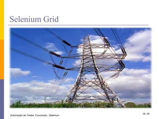Tipos de Falhas Detectáveis41 / 28Automação de Testes  Funcionais - SeleniumCom os testes funcionais, podemos detectar os seguintes tipos de falhas:Funções IncorretasFunções não implementadasErros de InterfacesErros de desempenhoErros de inicialização e finalização