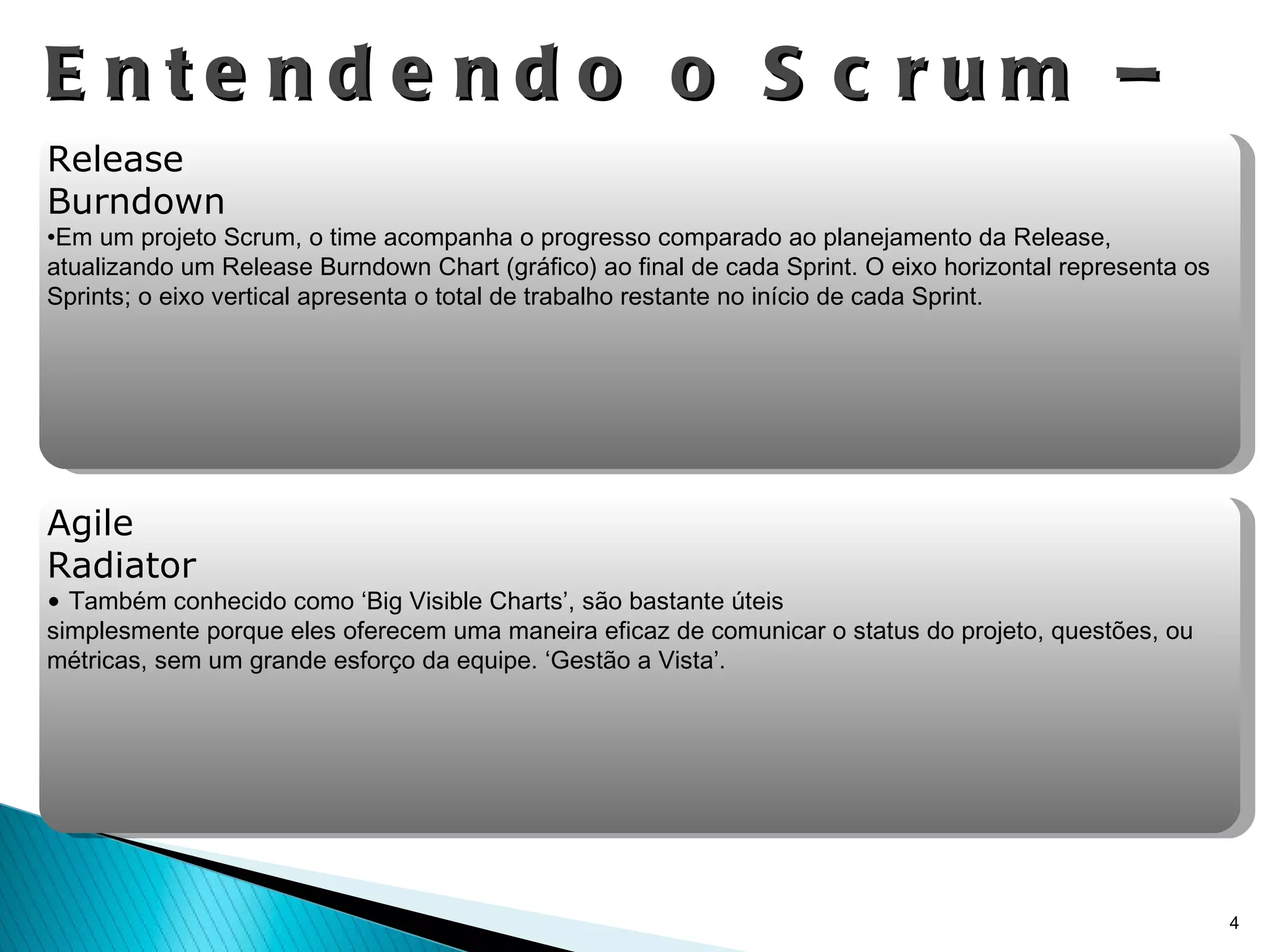 Entendendo o Scrum – Artefatos Release Burndown Em um projeto Scrum, o time acompanha o progresso comparado ao planejamento da Release, atualizando um Release Burndown Chart (gráfico) ao final de cada Sprint. O eixo horizontal representa os Sprints; o eixo vertical apresenta o total de trabalho restante no início de cada Sprint.  Agile Radiator T ambém conhecido como ‘Big Visible Charts’, são bastante úteis  simplesmente porque eles oferecem uma maneira eficaz de comunicar o status do projeto, questões, ou métricas, sem um grande esforço da equipe. ‘Gestão a Vista’. 