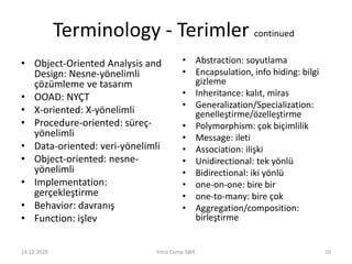 Terminology - Terimler continued
• Object-Oriented Analysis and
Design: Nesne-yönelimli
çözümleme ve tasarım
• OOAD: NYÇT
• X-oriented: X-yönelimli
• Procedure-oriented: süreç-
yönelimli
• Data-oriented: veri-yönelimli
• Object-oriented: nesne-
yönelimli
• Implementation:
gerçekleştirme
• Behavior: davranış
• Function: işlev
• Abstraction: soyutlama
• Encapsulation, info hiding: bilgi
gizleme
• Inheritance: kalıt, miras
• Generalization/Specialization:
genelleştirme/özelleştirme
• Polymorphism: çok biçimlilik
• Message: ileti
• Association: ilişki
• Unidirectional: tek yönlü
• Bidirectional: iki yönlü
• one-on-one: bire bir
• one-to-many: bire çok
• Aggregation/composition:
birleştirme
14.12.2020 Intro Comp SWE 10
 
