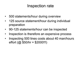 Inspection rate
• 500 statements/hour during overview
• 125 source statement/hour during individual
preparation
• 90-125 statements/hour can be inspected
• Inspection is therefore an expensive process
• Inspecting 500 lines costs about 40 man/hours
effort (@ $50/hr = $2000!!!)
 