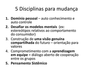 5 Disciplinas para mudança
1. Domínio pessoal – auto conhecimento e
auto controle
2. Desafiar os modelos mentais (ex:
estereótipos relativos ao comportamento
do consumidor)
3. Construção de uma visão genuína
compartilhada do futuro – orientação para
valores
4. Comprometimento com a aprendizagem
em equipe = diálogo aberto de cooperação
entre os grupos
5. Pensamento Sistêmico
 