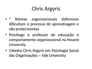 Chris Argyris
• “ Rotinas organizacionais defensivas
dificultam o processo de aprendizagem e
são protecionistas
• Psicólogo e professor de educação e
comportamento organizacional na Havard
University
• Cátedra Chris Argyris em Psicologia Social
das Organizações – Yale University
 