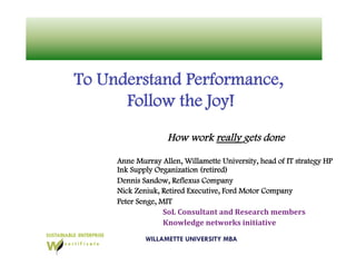 To Understand Performance,
      Follow the Joy!
                   How work really gets done

     Anne Murray Allen, Willamette University, head of IT strategy HP
     Ink Supply Organization (retired)
     Dennis Sandow, Reflexus Company
     Nick Zeniuk, Retired Executive, Ford Motor Company
     Peter Senge, MIT
                     SoL Consultant and Research members      
                     Knowledge networks initiative         
             WILLAMETTE UNIVERSITY MBA
 