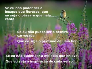 Se eu não puder ser o bosque que floresce, que eu seja o pássaro que nele canta. Se eu não puder ser a roseira carregada,  Que eu seja o perfume de uma flor. Se eu não puder ser a melodia que enleva, Que eu seja a inspiração de cada verso. 