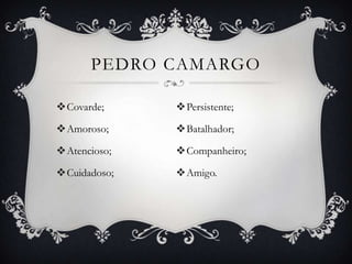 PEDRO CAMARGO

Covarde;     Persistente;

Amoroso;     Batalhador;

Atencioso;   Companheiro;

Cuidadoso;   Amigo.
 