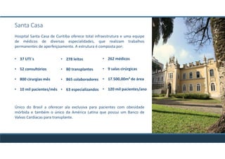 Hospital Santa Casa de Curitiba oferece total infraestrutura e uma equipe
de médicos de diversas especialidades, que realizam trabalhos
permanentes de aperfeiçoamento. A estrutura é composta por:
Único do Brasil a oferecer ala exclusiva para pacientes com obesidade
mórbida e também o único da América Latina que possui um Banco de
Valvas Cardíacas para transplante.
Santa Casa
• 37 UTI´s
• 52 consultórios
• 800 cirurgias mês
• 10 mil pacientes/mês
• 278 leitos
• 80 transplantes
• 865 colaboradores
• 63 especializandos
• 262 médicos
• 9 salas cirúrgicas
• 17.500,00m² de área
• 120 mil pacientes/ano
 
