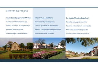 Infraestrutura e Mobiliário
Oferece condições adequadas.
Estimula qualidade de atendimento.
Melhora a relação paciente-profissional.
Valoriza as praticas saudáveis.
Serviços de Manutenção do local
Revitaliza o espaço de convívio.
Promove ambiente mais humanizado.
Melhora autoestima do paciente.
Garante continuidade do processo.
Efetivos do Projeto
Aquisição de Equipamentos Médicos
Auxilia no tratamento mais ágil.
Diminui no tempo de hospitalização.
Promove políticas sociais.
Usa tecnologia a favor da saúde.
 