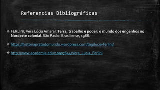 Referencias Bibliográficas
 FERLINI,Vera Lúcia Amaral. Terra, trabalho e poder: o mundo dos engenhos no
Nordeste colonial. São Paulo: Brasiliense, 1988.
 https://historiapratodomundo.wordpress.com/tag/lucia-ferlini/
 http://www.academia.edu/10907644/Vera_Lucia_Ferlini
 