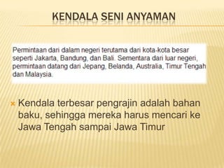KENDALA SENI ANYAMAN



Kendala terbesar pengrajin adalah bahan
baku, sehingga mereka harus mencari ke
Jawa Tengah sampai Jawa Timur

 