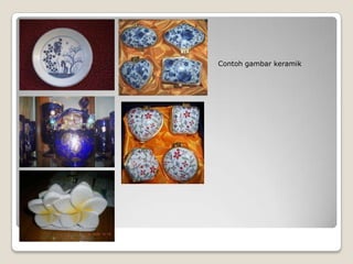 TeknikDekorasiKeramikBeberapaTeknikDekorasi Yang DapatDiterapkanPadaBenda-Benda Keramik : a. Dekorasiukir Dilakukanpadakeramikhalusmaupunkeramiktradisionaldenganmenggunakanpahatukirseperti 	yang dilakukanpada media kayu.b. DekorasitorehDilakukandenganmenggunakanbendatajamsepertipisautorehan-torehantersebutmembentukmotif-motif sesuaidengan yang diinginkan. c. DekorasimelubangiDilakukandengancaramelubangibagian-bagian yangingindihiasdenganmenggunakanpipalogam yang dipotong miring. 