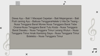 Awesome words
Dewa Ayu - Bali 1 Macepet Cepetan - Bali Mejangeran - Bali
Putri cening Ayu - Baliusa TenggaraHelele U Ala De Teang -
Nusa Tenggara Barat Moree Nusa Tenggara Barat Tebe
Onana-Nusa Tenggara Barat Tutu Koda - Nusa Tenggara
Barat Desaku - Nusa Tenggara Timur Lerang Wutun - Nusa
Tenggara Timur Anak Kambing Saya - Nusa Tenggara Timur
Bolelebo - Nusa Tenggara Timur -
 