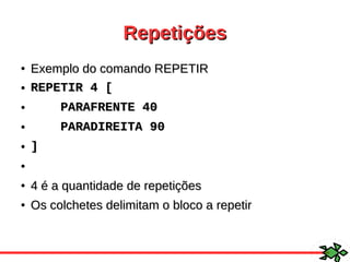 RepetiçõesRepetições
●
Exemplo do comando REPETIRExemplo do comando REPETIR
● REPETIR 4 [REPETIR 4 [
● PARAFRENTE 40PARAFRENTE 40
● PARADIREITA 90PARADIREITA 90
● ]]
●
●
4 é a quantidade de repetições4 é a quantidade de repetições
●
Os colchetes delimitam o bloco a repetirOs colchetes delimitam o bloco a repetir
 