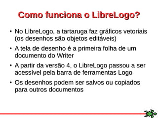 Como funciona o LibreLogo?Como funciona o LibreLogo?
●
No LibreLogo, a tartaruga faz gráficos vetoriaisNo LibreLogo, a tartaruga faz gráficos vetoriais
(os desenhos são objetos editáveis)(os desenhos são objetos editáveis)
●
A tela de desenho é a primeira folha de umA tela de desenho é a primeira folha de um
documento do Writerdocumento do Writer
●
A partir da versão 4, o LibreLogo passou a serA partir da versão 4, o LibreLogo passou a ser
acessível pela barra de ferramentas Logoacessível pela barra de ferramentas Logo
●
Os desenhos podem ser salvos ou copiadosOs desenhos podem ser salvos ou copiados
para outros documentospara outros documentos
 