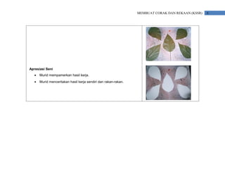 MEMBUAT CORAK DAN REKAAN (KSSR)   6




Apresiasi Seni
   •   Murid mempamerkan hasil kerja.
   •   Murid menceritakan hasil kerja sendiri dan rakan-rakan.
 