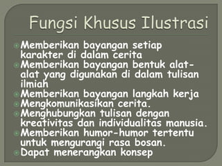  Memberikan

bayangan setiap
karakter di dalam cerita
 Memberikan bayangan bentuk alatalat yang digunakan di dalam tulisan
ilmiah
 Memberikan bayangan langkah kerja
 Mengkomunikasikan cerita.
 Menghubungkan tulisan dengan
kreativitas dan individualitas manusia.
 Memberikan humor-humor tertentu
untuk mengurangi rasa bosan.
 Dapat menerangkan konsep

 