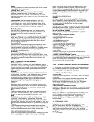 Maskot                                                                     selesa, selamat dan sesuai dengan cita rasa pemiliknya. Reka
Maskot pula digunakan untuk menarik minat pada sesuatu sambil              bentuk ruang dalaman terhasil daripada kombinasi beberapa
menampilkan ciri-ciri kemesraan.                                           elemen asas seni bina seperti tiang, dinding, lantai, siling dan atap.
Tipografi (Muka Taip)                                                      Kategori reka bentuk hiasan dalaman terbahagi kepada dua iaitu
Tipografi merupakan seni menyusun atur atau merekaletak                    reka bentuk ruang kediaman dan reka bentuk ruang awam dan
sesebuah muka surat dengan menggunakan huruf untuk                         komersil.
mendapatkan hasil yang menarik. Terdapat 3 kumpulan muka
taip yang diaplikasikan dalam rekaan grafik iaitu muka taip serif, san     REKABENTUK PERSEKITARAN
serif dan hiasan.                                                          Lanskap
                                                                           Lanskap merupakan pemandangan yang boleh dilihat secara
Pembungkusan boleh dibahagikan kepada dua jenis iaitu                      semula jadi ataupun buatan manusia. Ianya boleh dibahagikan
pembungkusan jenis lembut dan pembungkusan jenis keras.                    kepada beberapa kategori yang merangkumi lanskap, kediaman,
Pembungkusan seni lembut terdiri daripada beg plastik, kertas,             komersial, institusi, pinggir jalan dan kemudahan awam.
plastik pembalut dan kertas pembalut. Manakala pembungkusan                Jenis-jenis Lanskap
jenis keras terdiri daripada kotak, tin, botol dan sebagainya.             Lanskap lembut merangkumi penggunaan tumbuh-tumbuhan yang
                                                                           meliputi pelbagai jenis pokok, tumbuhan renek dan tumbuhan tutup
Grafik Persekitaran                                                        bumi. Satu lagi jenis lanskap ialah lanskap keras atau kejur.
Ialah reka bentuk grafik yang ada pada alam sekeliling. Ianya              Peranan dan Fungsi Lanskap
berkonsepkan pengiklanan untuk menyampaikan maklumat di                    Secara umumnya, lanskap mempunyai beberapa fungsi dan
samping mempromosi kepada pembaca dan pengguna.                            peranan utama.
Ilustrasi                                                                  (a) Fungsi Fizikal Tumbuhan Lanskap
Ilustrasi merupakan seni yang menggambarkan idea dan kata-kata             • mengawal hakisan tanah
dalam bentuk gambar. Pada zaman dahulu, ilustrasi digunakan                • memberi perlindungan dan teduhan
untuk merakamkan legenda dan peristiwa bersejarah. Kini ianya              • meredakan iklim
lebih bersifat komersial dan berkembang pesat seiring dengan               • mengawal pencemaran alam
penemuan teknik percetakan.                                                • menjadi tirai dan dinding
Komputer Grafik                                                            • mengarah pergerakan atau petunjuk arah
Komponen grafik dalam perisian menggunakan komputer grafik                 • imbangan ekologi dan kehidupan fauna
ialah teks, warna, bentuk, ilustrasi dan garisan yang boleh                (b) Fungsi Estetik Tumbuhan Lanskap
membantu pelajar. Penggunaan komputer grafik membantu pelajar              • membentuk ruang
meningkatkan mutu hasil kerja kerana komponen grafik telah                 • merangka pemandangan
tersedia dalam pelbagai perisian.                                          • melembutkan
Multimedia                                                                 • mengikat bangunan dan struktur dengan permukaan bumi
Multimedia ialah penggunaan komputer untuk sesuatu                         • menjadi penyatu pelbagai elemen
persembahan dengan menggunakan sokongan teks, grafik, audio                (c) Fungsi Ekonomi Tumbuhan Lanskap
dan video. Ianya menggunakan rangkaian hubungan dan alat untuk             Selain daripada yang dinyatakan di atas, tumbuhan lanskap mampu
membolehkan pengguna melayari, berinteraksi, mencipta dan                  menyediakan pemandangan yang baik dan indah serta memberikan
berkomunikasi.                                                             faedah kepada masyarakat dan negara dari segi rekreasi,
                                                                           kesihatan, pendidikan dan pelancongan.
KRAF TRADISIONAL DAN DIMENSI BARU
Tembikar/Seramik
merupakan hasil kraf tradisional yang paling awal dapat dikesan            TOPIK 4 MENINGKATKAN DAYA IMAGINATIF KANAK-KANAK
oleh tamadun manusia. Ia menggunakan tanah liat yang didapati di
kawasan persekitaran atau tepian sungai, sawah dan sebagainya.             4.1 kanak-kanak perlu dibekalkan dengan alatan yang bersesuaian
objek ini berfungsi sebagai bekas kegunaan harian, hiasan dan              untuk dapat merangsang daya imaginasi mereka. Kreativiti dapat
dalam kematian.                                                            dihasilkan dengan memanipulasikan objek alam.
Anyaman
adalah warisan yang terkenal di kawasan luar bandar terutamanya            4.1.1 Pelbagai Jenis Alat dan Media
di negerinegeri Terengganu, Perak, Melaka dan Kedah. Anyaman               (a) Alatan Asas
bukanlah produk tetapi lebih merupakan kemahiran dalam                     Alatan-alatan asas seperti kertas lukisan, berus, warna dan krayon.
penghasilan produk. Biasanya produk yang dianyam diperbuat                 (b) Gambar
daripada daun mengkuang atau pandan, dan dijadikan sebagai                 Gambar-gambar foto ini bolehlah digunakan daripada imej yang
perkakas atau objek harian seperti tikar, tudung saji dan                  pelbagai, contohnya gambar keluarga, haiwan, bangunan,
sebagainya.                                                                pemandangan dan pelbagai lagi objek alam yang lain. pelajar
Ukiran                                                                     meniru imej di dalam foto untuk dimanifestasikan di dalam
Merupakan sejenis seni warisan yang menerapkan unsur-unsur                 karya lukisan mereka.
alam sekitar yang menjadi identiti ukiran mereka. Antara motifnya          (c) Rakaman Video dan Penggunaan ICT
ialah awan larat yang mempunyai unsur-unsur flora dan fauna,               guru boleh menggunakan rakaman video dan menayangkan kepada
kosmo, geometri dan lain-lain.                                             para pelajar di bilik media atau bilik pandang dengar yang terdapat
Tekat                                                                      di sekolah-sekolah.
Tekat lebih dikenali sebagai tekat bersuji atau sulaman timbul. Ia
merupakan seni sulaman benang pada kain dasar dan dibentuk                 Penggunaan ICT merujuk kepada penggunaan alatan digital dan
dengan menggunakan kertas yang diliputi benang emas.                       elektronik dengan memanipulasikan perisian-perisian yang
Batik                                                                      ada. penggunaan komputer, pengimbas, kamera digital,
Produk batik mempamerkan kreativiti dan kehalusan seni tekstil             pencetak dan Internet pembelajaran yang lebih kreatif dan
yang tinggi. Tidak hairanlah ia menjadi salah satu produk                  menyeronokkan.
pelancongan yang terlaris. Di antara jenis-jenis batik termasuklah
batik tulis/lukis, terap/blok, pelangi, skrin dan sebagainya. Motif yang   4.2 PENGALAMAN DERIA
digunakan adalah seperti flora dan fauna, geometri dan sebagainya.
Tenunan                                                                    Setiap insan normal mempunyai lima deria iaitu deria rasa,
Tenunan adalah proses menjalinkan sehelai benang sehingga                  deria bau, deria dengar, deria lihat dan deria sentuh.
menjadi sebidang kain. Tenunan merupakan hasilan jalinan benang            Penggunaan deria yang baik akan dapat melahirkan kanak-kanak
losen (benang dasar) dengan benang pakan (benang sisip).                   yang mampu membuat pemerhatian secara aktif, dan ianya
                                                                           menggalakkan interaksi yang kritis dan kreatif dengan alam, alat
REKA BENTUK DALAMAN DAN LANSKAP                                            dan bahan.
Salah satu cara peningkatan kehidupan dalam kediaman atau ruang            4.2.1 Cara Belajar
awam supaya dapat meningkatkan status ruang tersebut agar
 