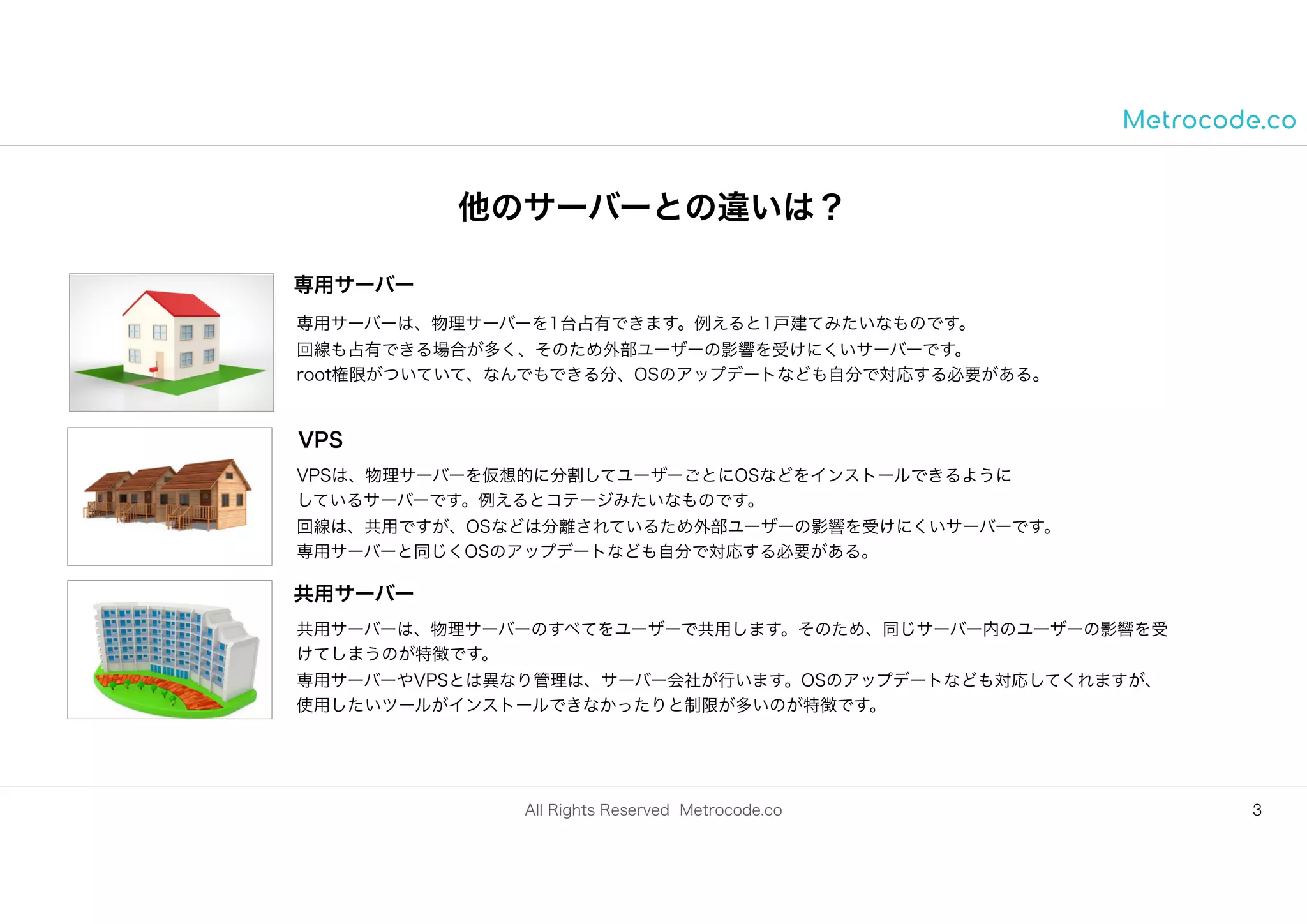 All Rights Reserved Metrocode.co
他のサーバーとの違いは？
3
専用サーバー
VPS
共用サーバー
専用サーバーは、物理サーバーを1台占有できます。例えると1戸建てみたいなものです。
回線も占有できる場合が多く、そのため外部ユーザーの影響を受けにくいサーバーです。
root権限がついていて、なんでもできる分、OSのアップデートなども自分で対応する必要がある。
VPSは、物理サーバーを仮想的に分割してユーザーごとにOSなどをインストールできるように
しているサーバーです。例えるとコテージみたいなものです。
回線は、共用ですが、OSなどは分離されているため外部ユーザーの影響を受けにくいサーバーです。
専用サーバーと同じくOSのアップデートなども自分で対応する必要がある。
共用サーバーは、物理サーバーのすべてをユーザーで共用します。そのため、同じサーバー内のユーザーの影響を受
けてしまうのが特徴です。
専用サーバーやVPSとは異なり管理は、サーバー会社が行います。OSのアップデートなども対応してくれますが、
使用したいツールがインストールできなかったりと制限が多いのが特徴です。
 