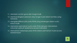 11. Memberi contoh guna dan fungsi musik 
12. Membandingkan peranan atau fungsi musik dalam konteks yang 
berbeda 
13. Mengidentifikasi suatu pola ritmik yang terdengar dalam suatu 
karya musik 
14. Menirukan permainan suatu pola ritmik dengan memainkan 
instrumen perkusif sederhana secara individual 
15. Memainkan beberapa pola ritmik dalam permainan musik secara 
berkelompok 
 