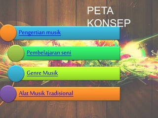 Pengertianmusik
Pembelajaranseni
Genre Musik
Alat Musik Tradisional
PETA
KONSEP
 