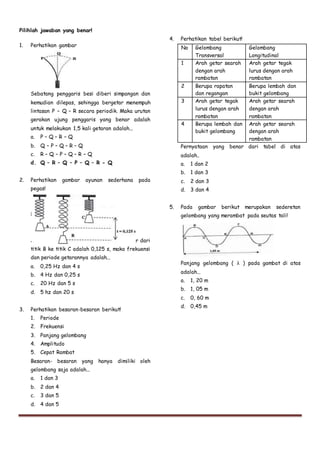 Pilihlah jawaban yang benar!
1. Perhatikan gambar
Sebatang penggaris besi diberi simpangan dan
kemudian dilepas, sehingga bergetar menempuh
lintasan P – Q – R secara periodik. Maka urutan
gerakan ujung penggaris yang benar adalah
untuk melakukan 1,5 kali getaran adalah...
a. P – Q – R – Q
b. Q – P – Q – R – Q
c. R – Q – P – Q – R – Q
d. Q – R – Q – P – Q – R - Q
2. Perhatikan gambar ayunan sederhana pada
pegas!
k bergetar dari titik
Jika waktu yang diperlukan untuk bergetar dari
titik B ke titik C adalah 0,125 s, maka frekuensi
dan periode getarannya adalah...
a. 0,25 Hz dan 4 s
b. 4 Hz dan 0,25 s
c. 20 Hz dan 5 s
d. 5 hz dan 20 s
3. Perhatikan besaran-besaran berikut!
1. Periode
2. Frekuensi
3. Panjang gelombang
4. Amplitudo
5. Cepat Rambat
Besaran- besaran yang hanya dimiliki oleh
gelombang saja adalah...
a. 1 dan 3
b. 2 dan 4
c. 3 dan 5
d. 4 dan 5
4. Perhatikan tabel berikut!
No Gelombang
Transversal
Gelombang
Longitudinal
1 Arah getar searah
dengan arah
rambatan
Arah getar tegak
lurus dengan arah
rambatan
2 Berupa rapatan
dan regangan
Berupa lembah dan
bukit gelombang
3 Arah getar tegak
lurus dengan arah
rambatan
Arah getar searah
dengan arah
rambatan
4 Berupa lembah dan
bukit gelombang
Arah getar searah
dengan arah
rambatan
Pernyataan yang benar dari tabel di atas
adalah..
a. 1 dan 2
b. 1 dan 3
c. 2 dan 3
d. 3 dan 4
5. Pada gambar berikut merupakan sederetan
gelombang yang merambat pada seutas tali!
Panjang gelombang ( λ ) pada gambat di atas
adalah...
a. 1, 20 m
b. 1, 05 m
c. 0, 60 m
d. 0,45 m
 