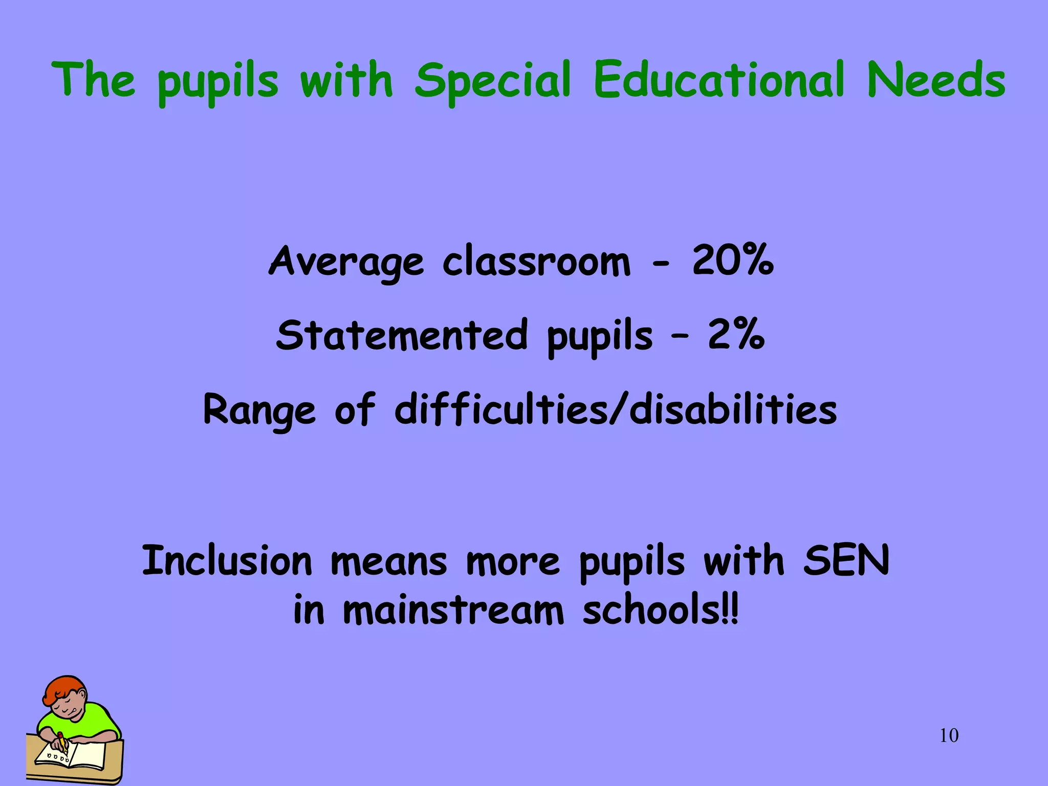 Average classroom - 20% Statemented pupils – 2% Range of difficulties/disabilities The pupils with Special Educational Needs Inclusion means more pupils with SEN in mainstream schools!! 