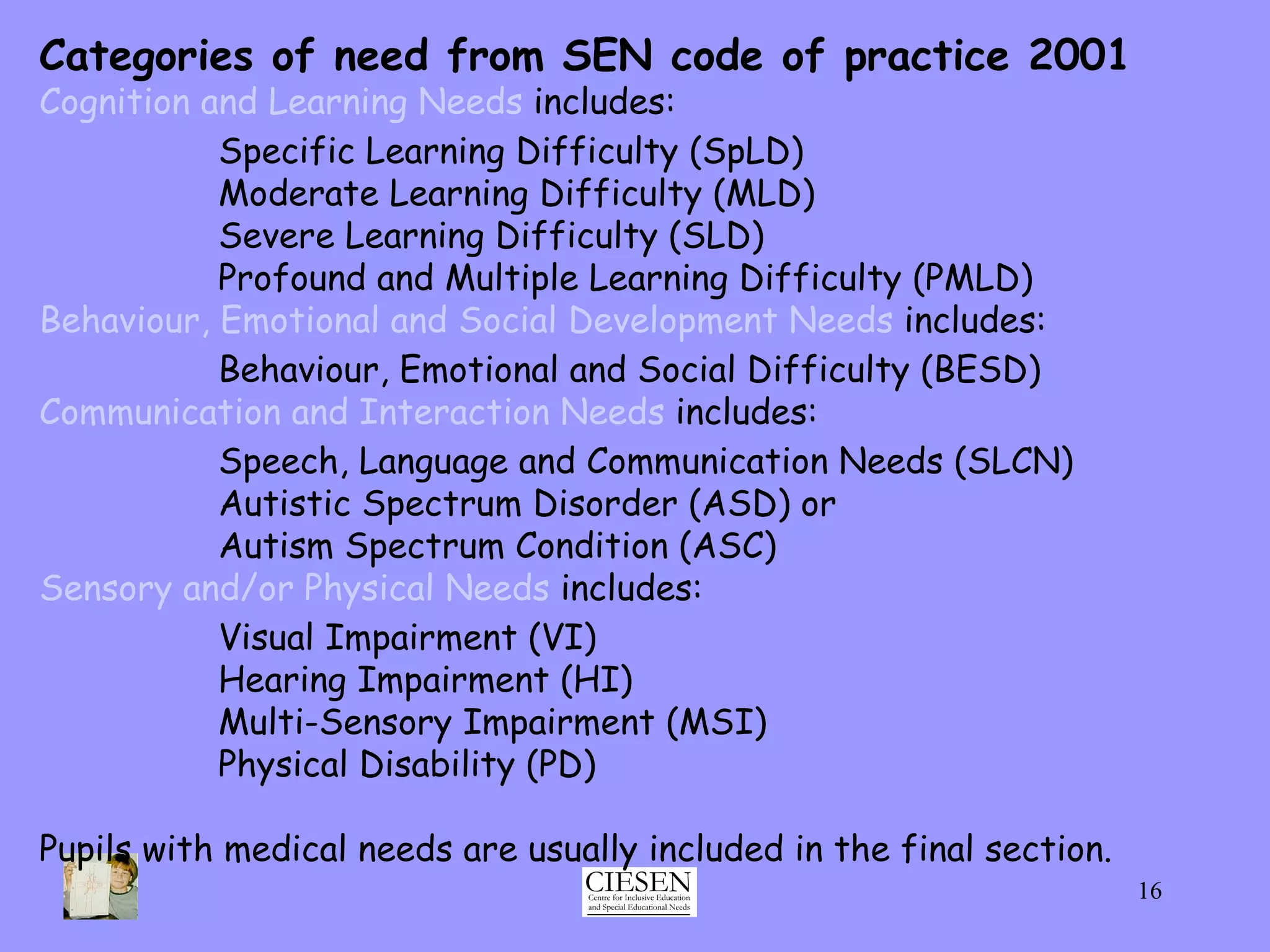 Categories of need from SEN code of practice 2001 Cognition and Learning Needs  includes: Specific Learning Difficulty (SpLD) Moderate Learning Difficulty (MLD) Severe Learning Difficulty (SLD) Profound and Multiple Learning Difficulty (PMLD) Behaviour, Emotional and Social Development Needs  includes:  Behaviour, Emotional and Social Difficulty (BESD) Communication and Interaction Needs  includes: Speech, Language and Communication Needs (SLCN) Autistic Spectrum Disorder (ASD) or  Autism Spectrum Condition (ASC) Sensory and/or Physical Needs  includes: Visual Impairment (VI) Hearing Impairment (HI) Multi-Sensory Impairment (MSI) Physical Disability (PD) Pupils with medical needs are usually included in the final section. 