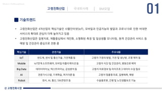 신 고령친화시장
Made in KoMyungHwan
기술트렌드
• 고령친화산업은 4차산업의 핵심기술인 사물인터넷(IoT), 모바일과 인공지능의 발달과 코로나19로 인한 비대면
서비스의 확대로 관심이 더욱 높아지고 있음
• 고령친화산업은 질병치료, 재활중심에서 개인화, 소형화된 측정 및 일상생활 모니터링, 원격 건강관리 서비스 등
예방 및 건강관리 중심으로 전환 중
고령친화산업 국내외사례 BM모델
핵심기술 관련기술 주요내용
IoT 반도체, 센서 및 통신기술, 가전제품 등 고령자 가정의 방법, 가전 및 냉난방, 조명 제어 등
Mobile IoT연계 소프트웨어, 모바일 어플리케이션 등 고령자 식단 및 건강관리, 병원진료 예약
Big Data 데이터마이닝, 텍스트마이닝, 감성분석 등 고령자 의료정보 및 라이프로그 데이터 수집 필요
AI 전문가시스템, 기계학습, 퍼지이론 등 고령자 맞춤형 의료, 질병예측, 예방
Robot 센서, AI, 통신, SW콘텐츠 등 수술용로봇, 간병 및 노인생활보조 기능
 