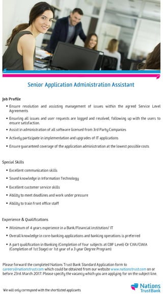Vacancy for Senior Application Administration Assistant