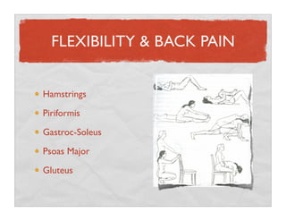 FLEXIBILITY & BACK PAIN


Hamstrings

Piriformis

Gastroc-Soleus

Psoas Major
Gluteus
 