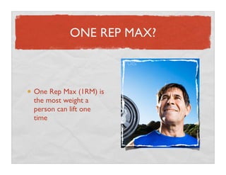 ONE REP MAX?



One Rep Max (1RM) is
the most weight a
person can lift one
time
 