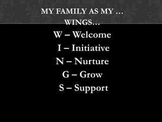 MY FAMILY AS MY …
WINGS…
W – Welcome
I – Initiative
N – Nurture
G – Grow
S – Support
 